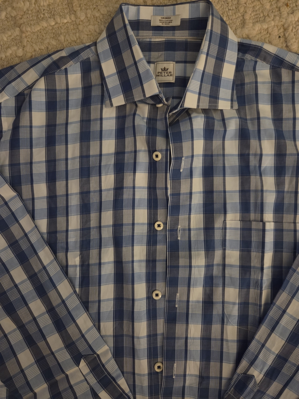 Peter Millar Men's Blue & White Plaid Long Sleeve Shirt - Size M
